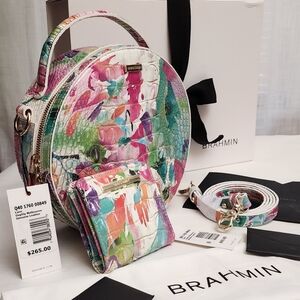 Brahmin Red and Pink Crossbody Bag with Artistic Print